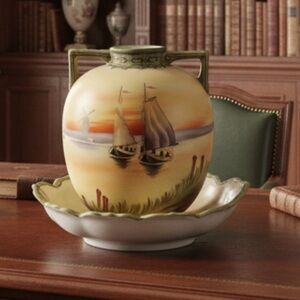 Old Noritake Handpainted Vase & Dish‎ Sailing Ship Windmill Japan